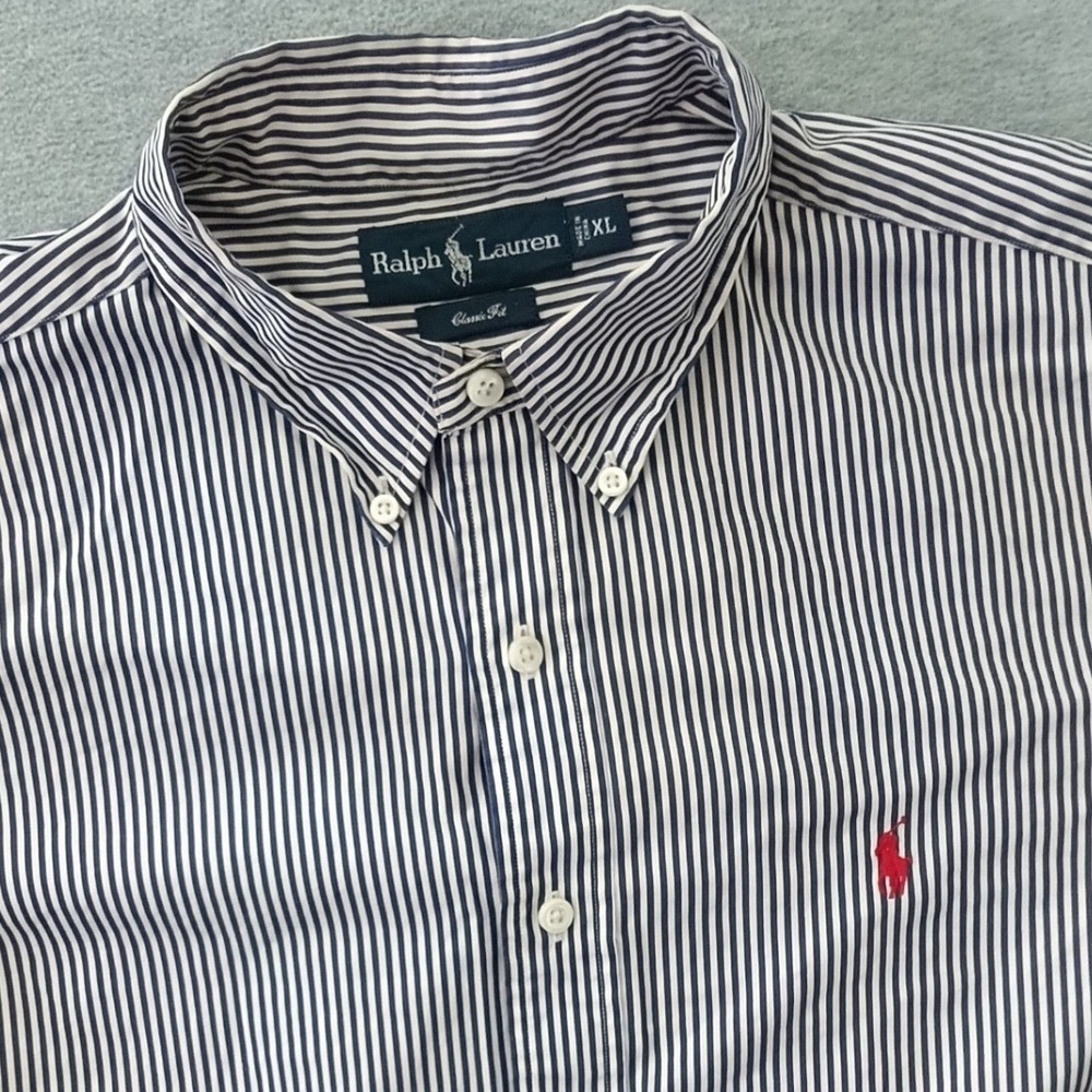 Polo Ralph Lauren Mens XL Classic Fit Striped Button Down Shirt Navy Blue White